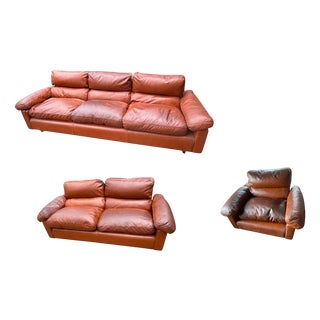 Vintage Leather Sofas by Tito Agnoli for Poltrona Frau, 1980s, Set of 3 For Sale