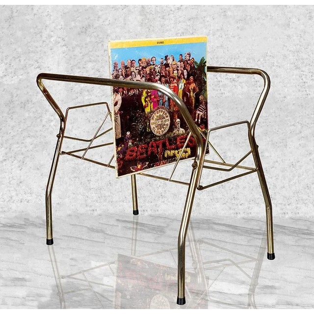 Vintage Atomic Gold Aluminum Vinyl Record Stand Caddy, c. Mid 20th Century - Crafted of Tubular Aluminum with Great Lines...