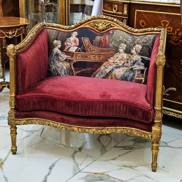 Make a statement with this distinctive French-inspired settee, upholstered in rich burgundy velvet that brings warmth,...