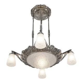 French Art Deco Nickeled Bronze & Frosted Glass Chandelier by Petitot & Muller Freres - 1930s For Sale