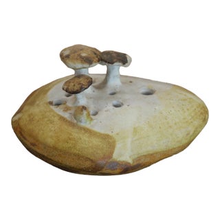 Vintage Circa 1970 Contemporary Style Stoneware Art Pottery Mushrooms on Rock Weed Pot Vessel For Sale
