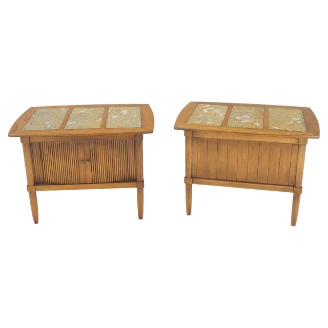 Pair Tomlinson tambour door fossil marble top side end night stands tables mint!