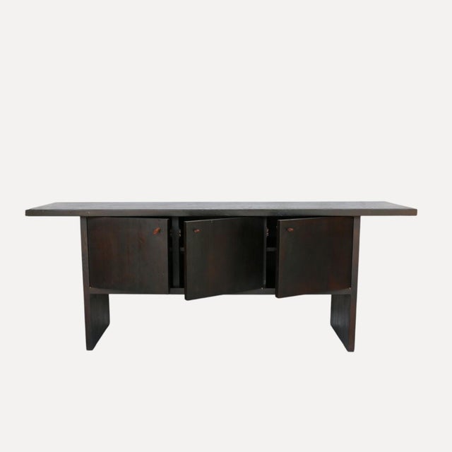 Black Large Dark-Stained Oak Sideboard with Overhanging Top and 3 Large Doors with Leather Straps, France, 1950s For Sale - Image 8 of 13