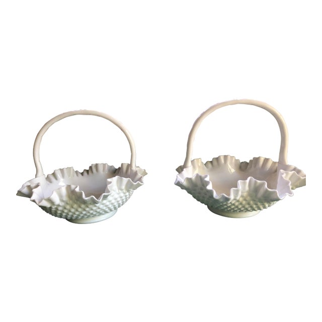 Vintage Fenton Hobnail Milk Glass Handled Baskets - a Pair For Sale