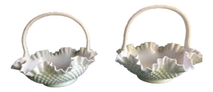 Vintage Fenton Hobnail Milk Glass Handled Baskets - a Pair