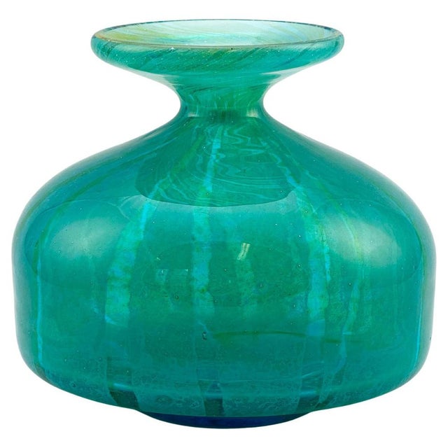 Turquoise and Green Striped Glass Squat Bottle Vase from Mdina, Malta, 1970s For Sale - Image 10 of 10