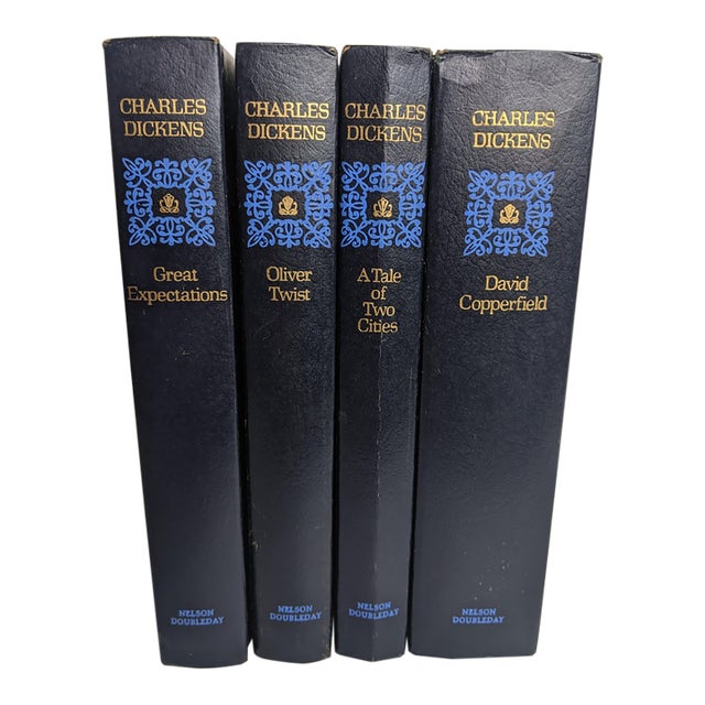 Mid 20th Century Charles Dickens Classics – Set of 4 Navy Blue & Gold Hardcover Booksbooks For Sale