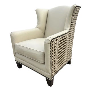 Vintage Henredon Acquisitions Collection Leather Wingback Chairs – Ivory Leather, Geometric Upholstery & Nailhead Trim For Sale