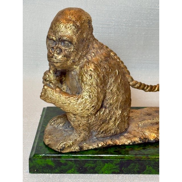 Chinoiserie Late 20th C. Hand Gilt & Faux Malachite "Monkey Business" Sculpture by Turtle and Crane - James Mont Style - Newly Painted For Sale - Image 3 of 12