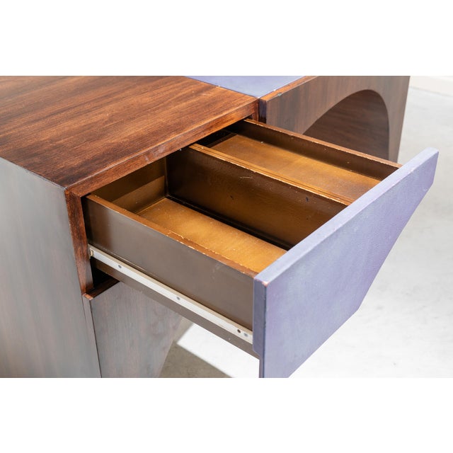 French Postmodern Dressing Table in Walnut Wood and Lilac Leather., 1980s For Sale - Image 10 of 16