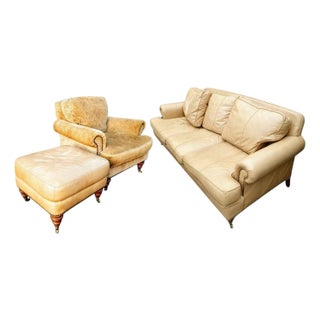 Timeless Elegance of a Liz Claiborne Leather Sofa With the Charm of a Lillian August Armchair and Ottoman. For Sale
