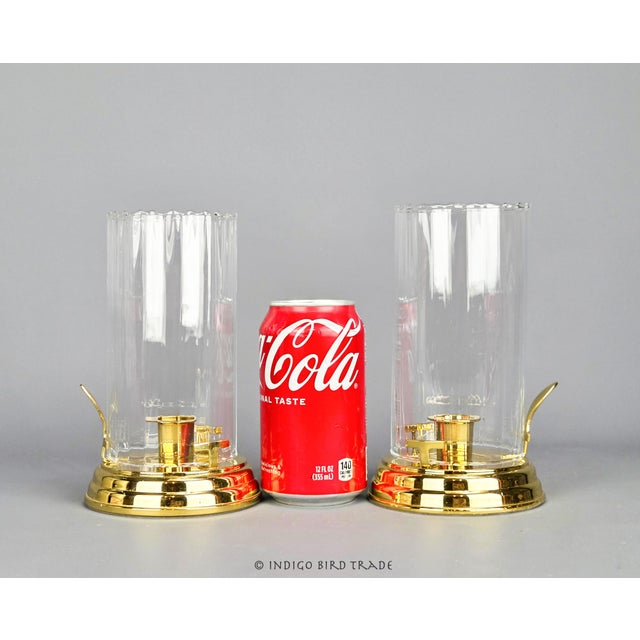 Mid 20th Century Pair of Vintage Brass Candlestick Holders With Fluted Glass Hurricane Shades For Sale - Image 5 of 6