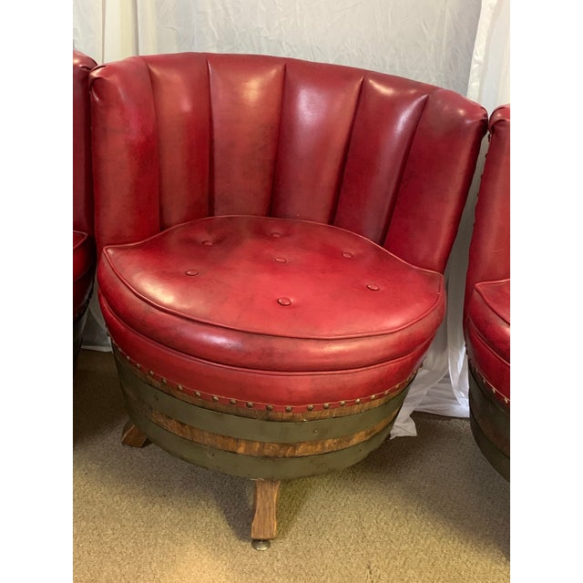Set of 4 Vintage 1970s Whiskey Barrel Chairs | Red Vinyl For Sale - Image 4 of 12