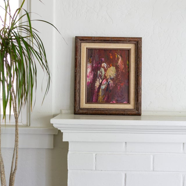 Mauve Signed Purple Pink Mauve Abstract Polychrome Painting in Faux Bamboo Frame For Sale - Image 8 of 10
