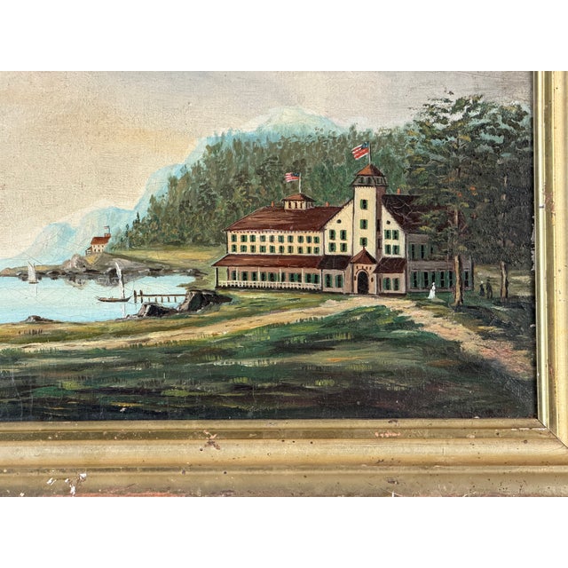 19th Century 19th Century American Folk Art Adirondack or New England Resort Hotel Oil Painting For Sale - Image 5 of 8