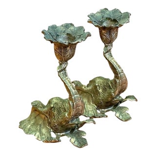 Vintage Brass Elephant Candlesticks - Pair For Sale