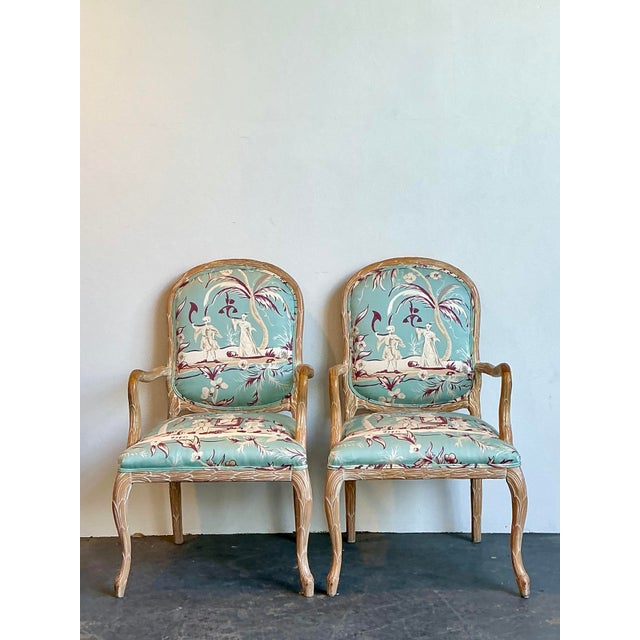 French Provincial Vintage Faux Bois Fauteuil Chairs - A Pair For Sale - Image 3 of 12