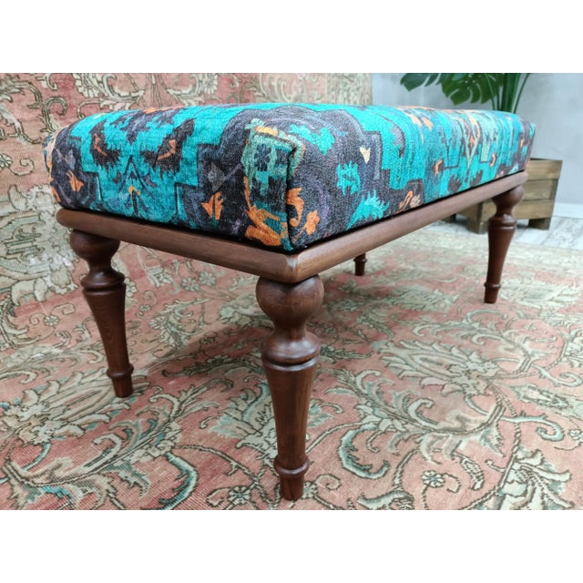2020s Handmade Blue Printed Rug Fabric Upholstered Bench For Sale - Image 5 of 10
