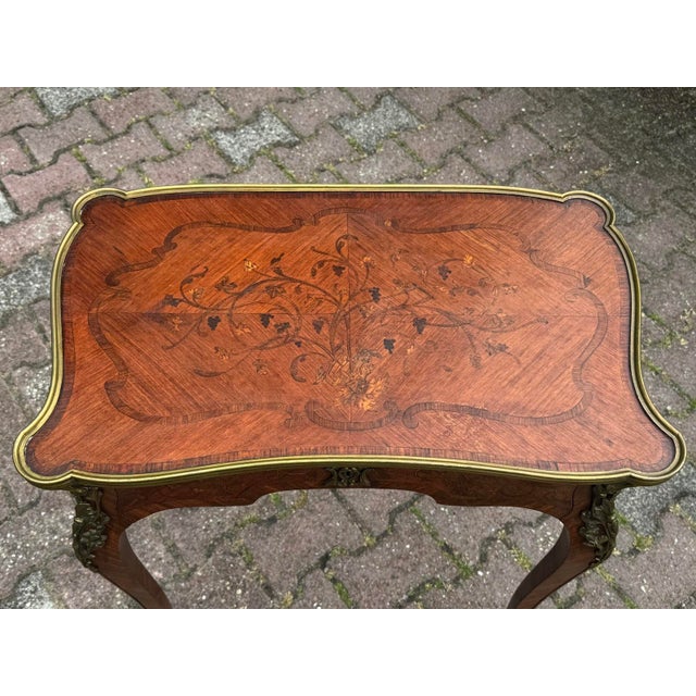 Wood 1860 French Artisan Louis XV Brown Marquetry Center Table-1 Pc For Sale - Image 7 of 17