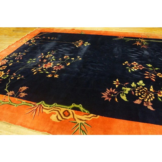Beautiful Navy Blue and Rust Color Floral Minimalist Pattern Antique Chinese Art Deco Rug For Sale - Image 4 of 13