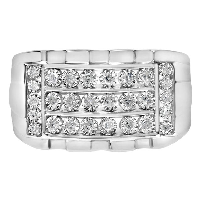 .925 Sterling Silver 1/4 Cttw Diamond Three Row Channel Band Ring (I-J Color, I3 Clarity) - Size 10 For Sale