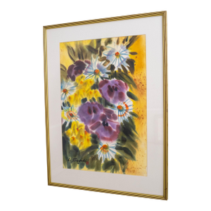 Abstract Still Life Colorful Flowers Watercolor Painting Signed L. Suzuki