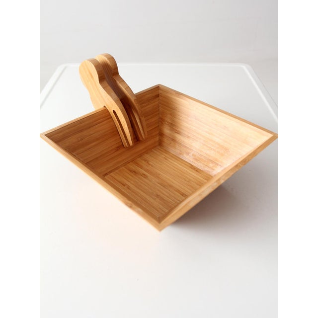Vintage Bamboo Salad Serving Bowl With Hand Shaped Serving Utensils For Sale - Image 15 of 18