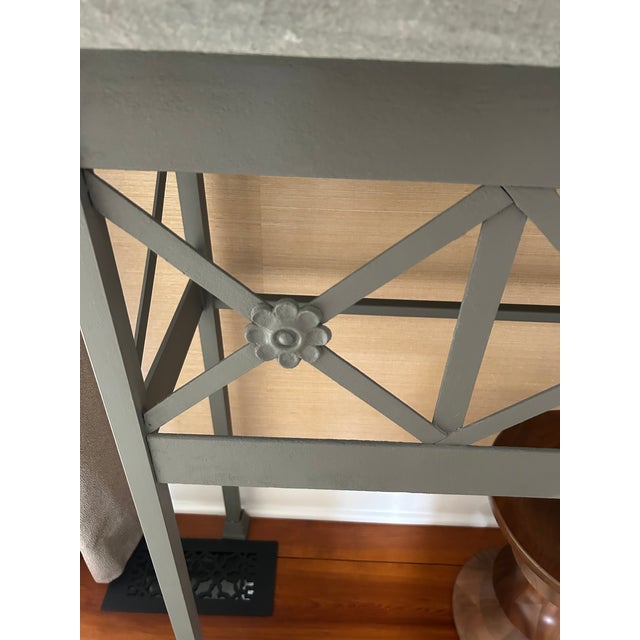 Gray Grey Console Table With Geometric Latticework and Marble Top For Sale - Image 8 of 11
