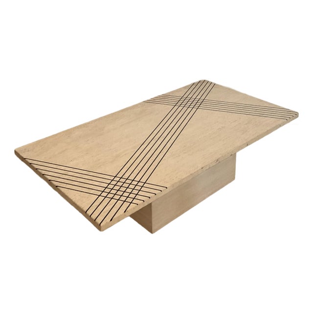 Vintage Italian Inlay Travertine Coffee Table For Sale