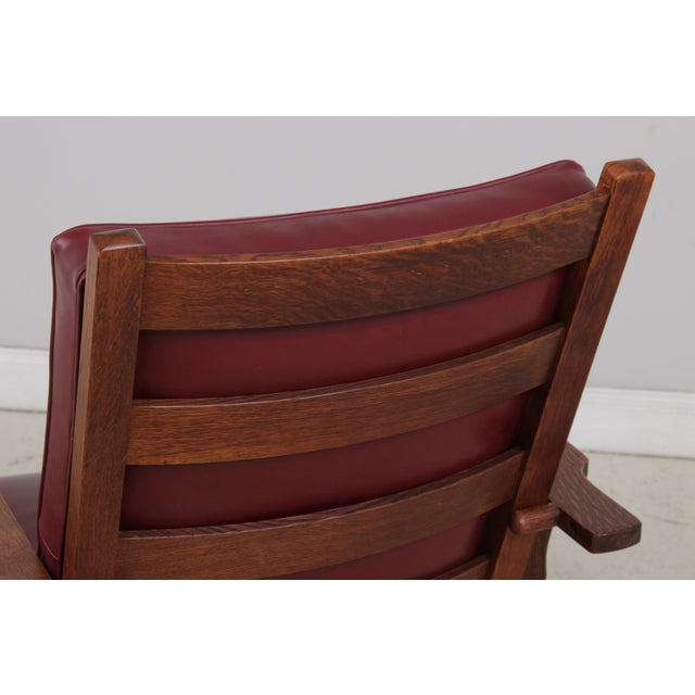 Gustav Stickley Antique Mission Oak Burgundy Leather Reclining Morris Chair For Sale - Image 10 of 15