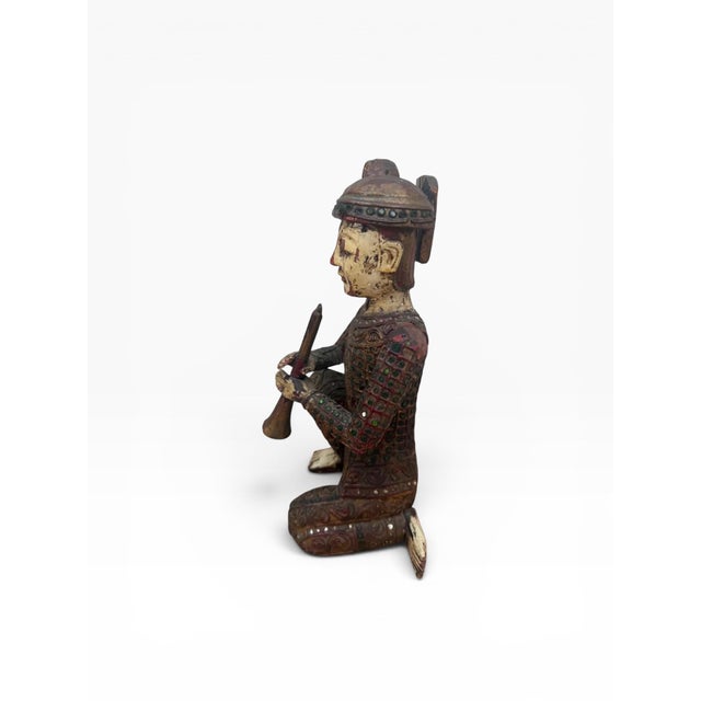 Printmaking Materials Mid 20th Century Hand-Carved Chinese Wooden Figural Sculpture of Seated Musician With Trumpet-Style Instrument For Sale - Image 7 of 17