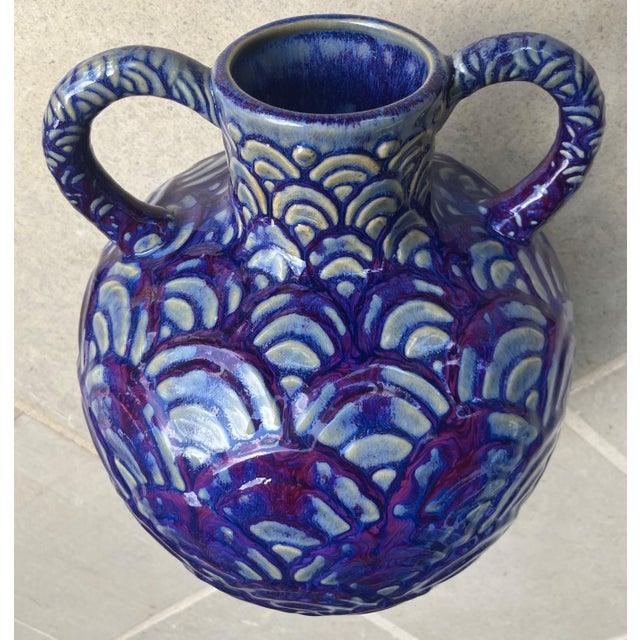 Late 20th-Century Safi-Style Earthenware Dual-Handled Pottery Vessel Drenched in Deep Cobalt Blue & Byzantium Purple, Mexico For Sale - Image 17 of 18
