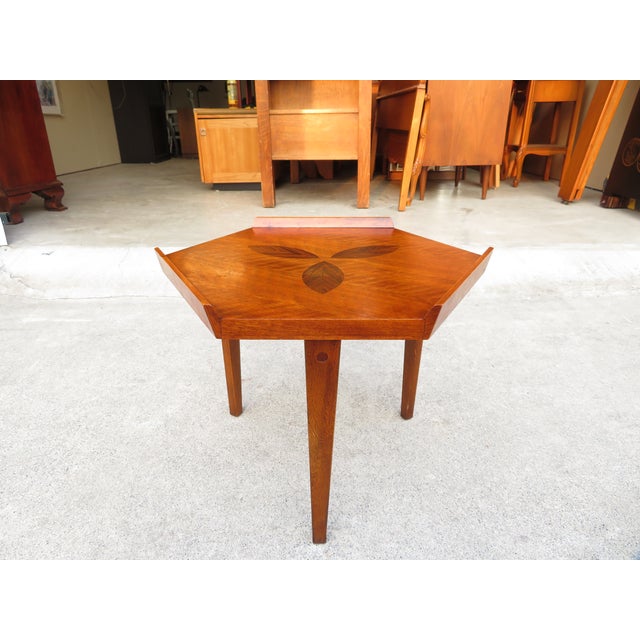Altavista Lane Mid Century Modern Lane Altavista Walnut Hexagon 3 Leg Side Table W/ Inlay For Sale - Image 4 of 15
