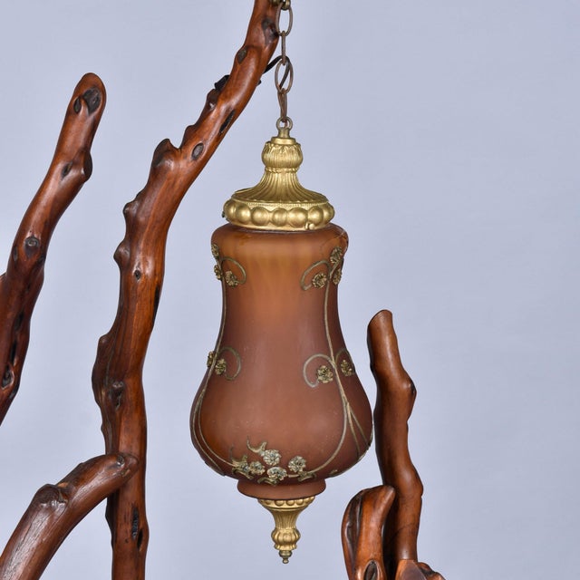 1970s Rustic Handcrafted Tree Branch Floor Lamp With Amber Glass Globes For Sale - Image 5 of 13