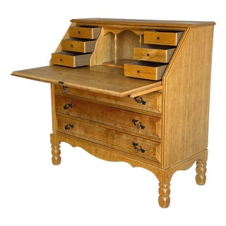 Oak Secretary Bureau With Drop-Front Desk and 9 Drawers Denmark Mid-Century Modern 1970s For Sale