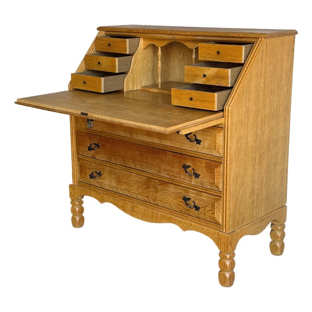 Oak Secretary Bureau With Drop-Front Desk and 9 Drawers Denmark Mid-Century Modern 1970s For Sale