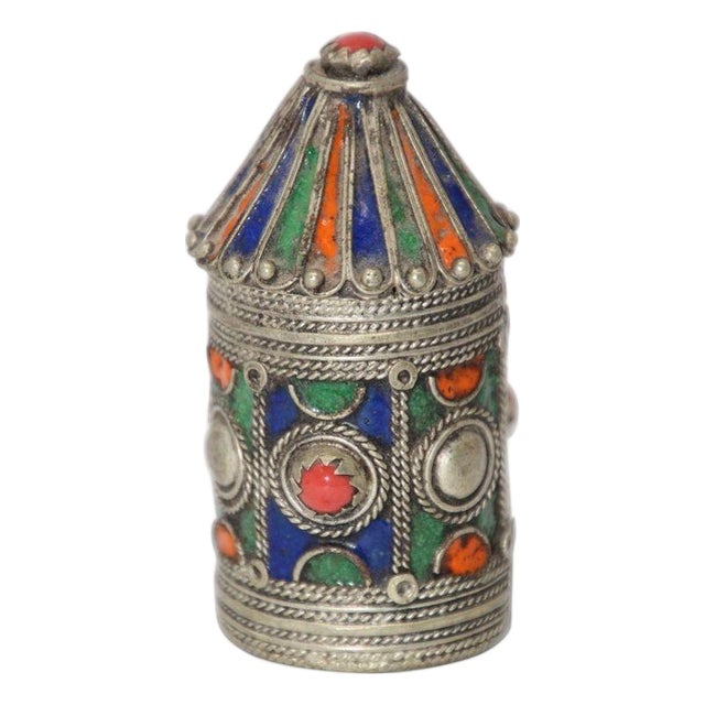 Antique Kabyle Berber Silver & Enamel Kohl Jewelry Box, Algeria, Circa 1920s For Sale