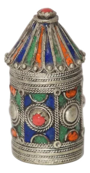 Antique Kabyle Berber Silver & Enamel Kohl Jewelry Box, Algeria, Circa 1920s