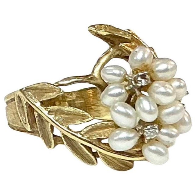 Mid-Century Modern 14k Yellow Gold Mid-Century Seed Pearl Cocktail Ring For Sale - Image 3 of 7