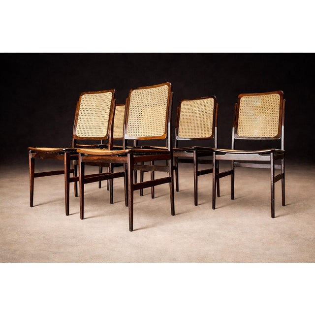 1960s Set of 6 Chairs in Rosewood & Cane, Unknown, 1960s For Sale - Image 5 of 9