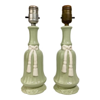Pair of Vintage Green and White Bow and Tassel Ceramic Table Lamps For Sale