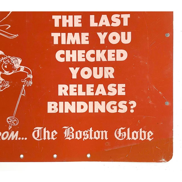 1950s Circa 1950s Tips From the Boston Globe Metal Skiing Sign For Sale - Image 5 of 6