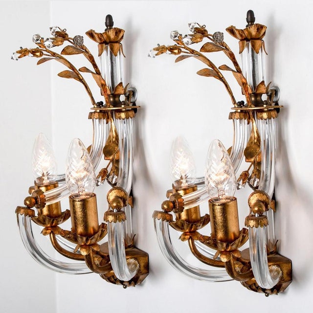 1960s Crystal Glass & Gilt Brass Wall Lights attributed to Palwa, 1960s, Set of 2 For Sale - Image 5 of 15