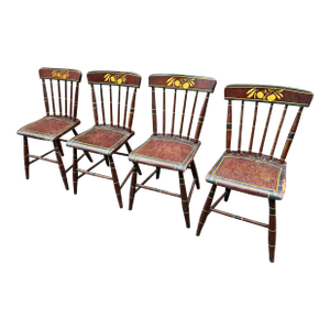 1970s Collection of Hand Painted Plank Seat Chairs - Set of 4
