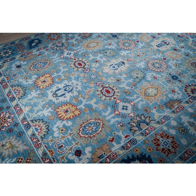 8x10 Turquoise Traditional Floral Oushak Hand Knotted Wool Carpet Rug For Sale In New York - Image 6 of 6