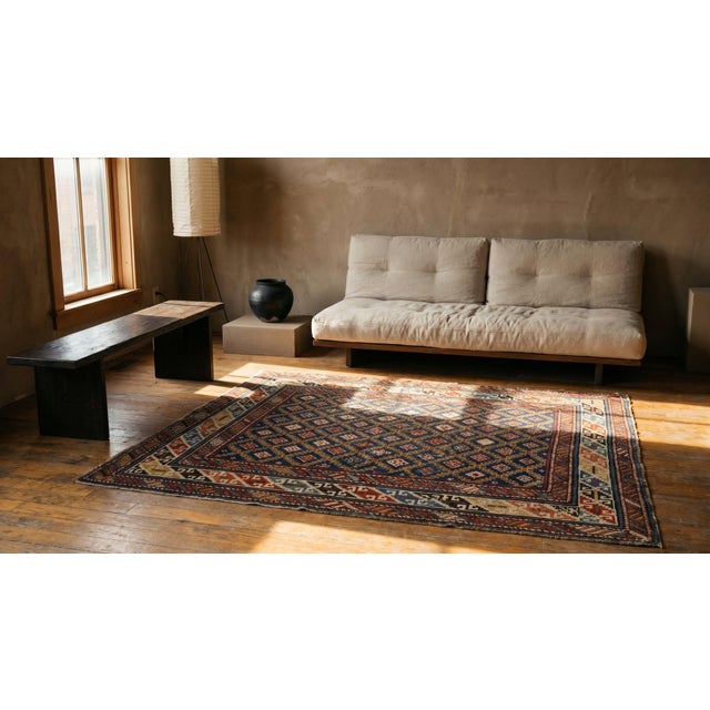 1890s Blue Navy Geometric Tribal Antique Caucasian Shirvan Rug ( 3'4" X 4'2" Handknotted Wool Carpet For Sale - Image 11 of 12