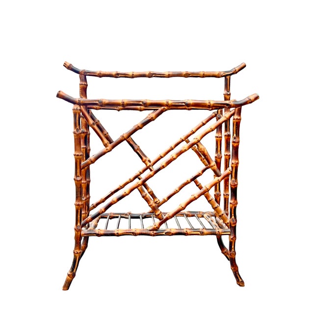 Vintage Faux Burnt Bamboo Chinoiserie Style Magazine Rack Modern Design Beautifully designed. Clean vintage piece.