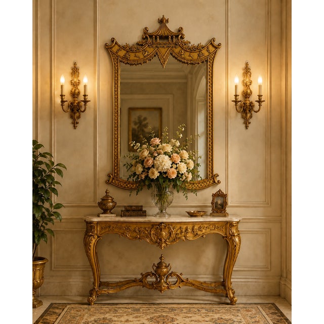 This elegant Chinoiserie-style pagoda mirror dates to the mid-20th century, circa 1950–1960. The frame is primarily...