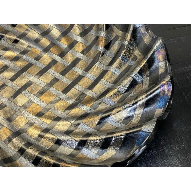 Large 18” Fused Dichroic Glass Metallic Basket Weave Wave Form Centerpiece Tray For Sale - Image 4 of 12