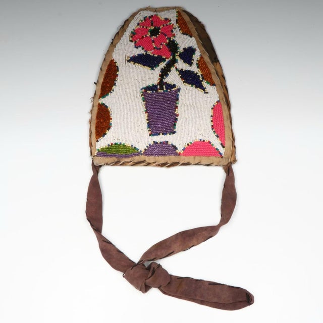 Antique early 20th century Native American style Indigenous Plateau Region hand-beaded polychrome flat bag. Decoration...